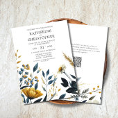 Gele Blauwe Waterverf Wildbloemen Elegante bruilof Kaart