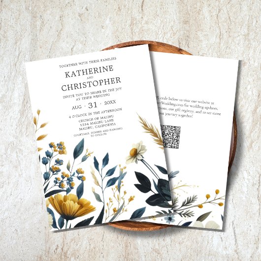 Gele Blauwe Waterverf Wildbloemen Elegante bruilof Kaart