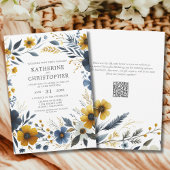 Gele Blauwe Wildbloemen Elegante Waterverf Bruilof Kaart