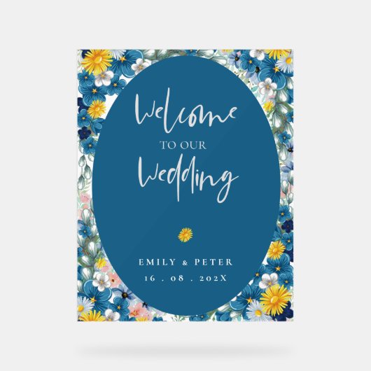 Gele Blauwe Zonnebloem welkom op onze bruiloft Acryl Bord (Voorkant)