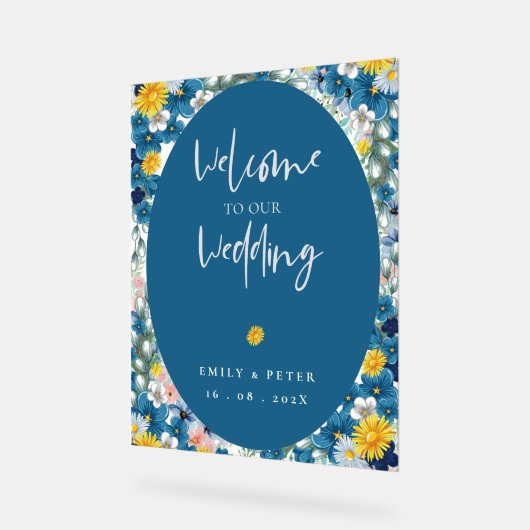 Gele Blauwe Zonnebloem welkom op onze bruiloft Acryl Bord (Hoek)