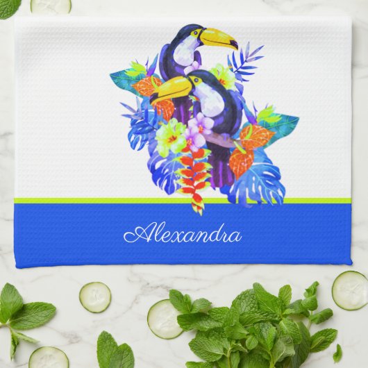 Gele Blauwgroen Toucan-vogeltropische bloemen Theedoek (Gevouwen)