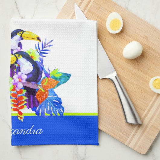 Gele Blauwgroen Toucan-vogeltropische bloemen Theedoek (Quarter Fold)