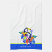 Gele Blauwgroen Toucan-vogeltropische bloemen Theedoek (Verticaal)