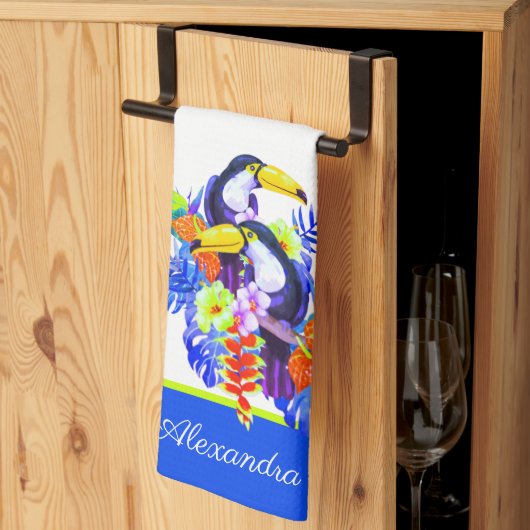 Gele Blauwgroen Toucan-vogeltropische bloemen Theedoek (Derde Gevouwen)