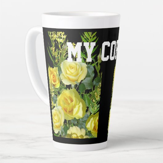 Gele bloem afbeelding Mijn koffie tekst Latte mok (Linkerhoek)