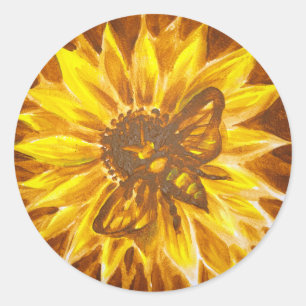 Gele bloem en bij ronde sticker