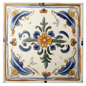 Gele Bloem Mediterraan Blauw Cream Bloemen Tegeltje (Voorkant)