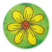 Gele Bloem op Groene Keramische Trek Keramische Knop (Voorkant)