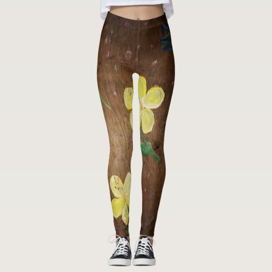 Gele bloem schilderij leggings (Voorkant)
