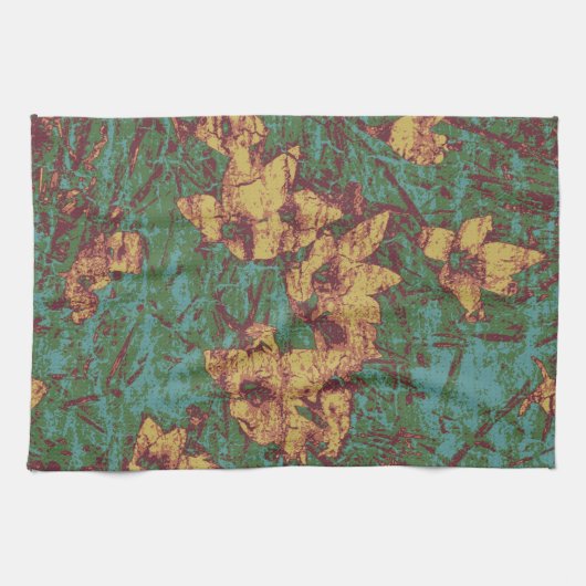 Gele bloem tegen bladcamouflage 2 theedoek (Horizontaal)