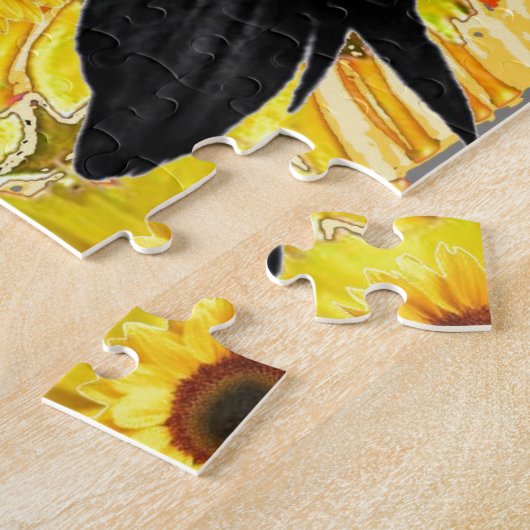 gele bloem zwarte kraai & zonnebloemen kunst legpuzzel (Zijkant)