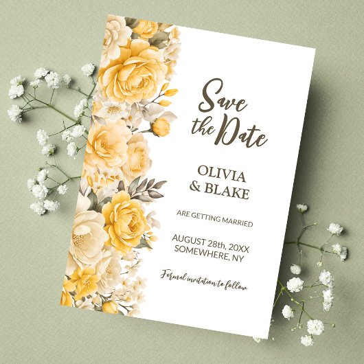 Gele bloemachtige bruiloft save the date