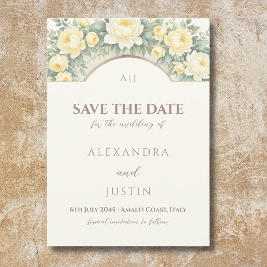 Gele Bloemboog Italiaanse bruiloft Save the Date Kaart