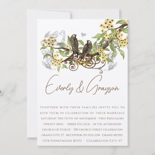 Gele bloembruine  vogels bruiloft uitnodiging (Voorkant)