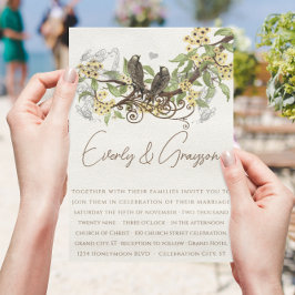 Gele bloembruine vogels bruiloft uitnodiging