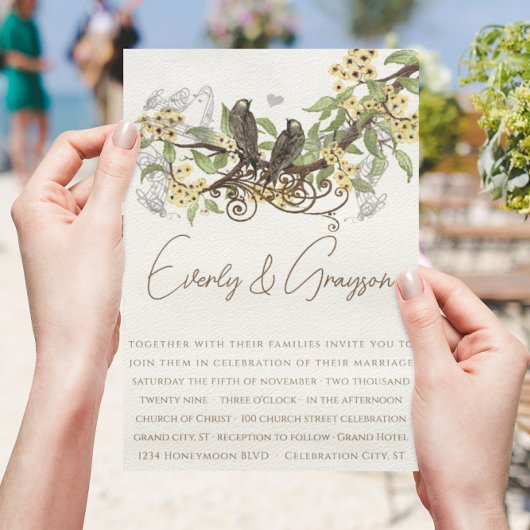 Gele bloembruine vogels bruiloft uitnodiging