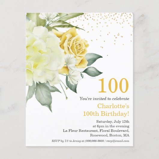 Gele Bloemen 100e Budget Verjaardag Uitnodiging (Voorkant)