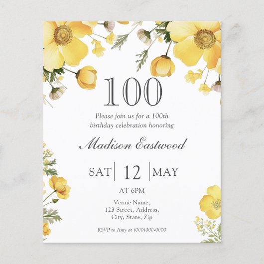 Gele Bloemen 100e Verjaardag Budget Uitnodiging (Voorkant)