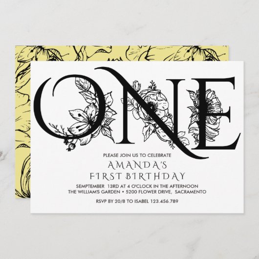 Gele bloemen | 1e verjaardagsfeestje kaart (Voorkant / Achterkant)