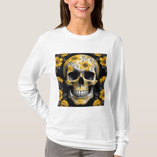 Gele Bloemen 3D Dode Schedel met gele bloemen T-shirt (Voorkant)