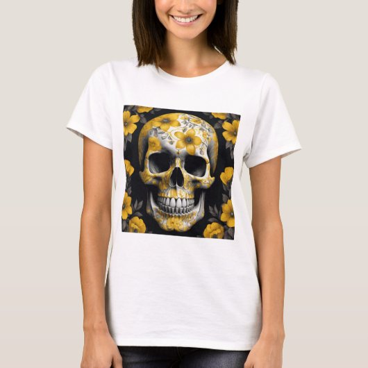 Gele Bloemen 3D Dode Schedel met gele bloemen T-shirt (Voorkant)