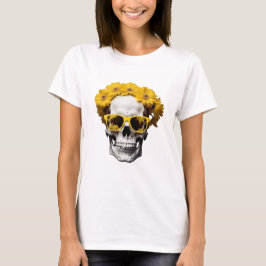 Gele Bloemen 3D Schedel met trendy zonnebril T-shirt