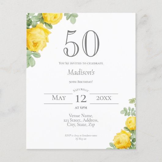 Gele Bloemen | 50e verjaardag Budget Invitation (Voorkant)