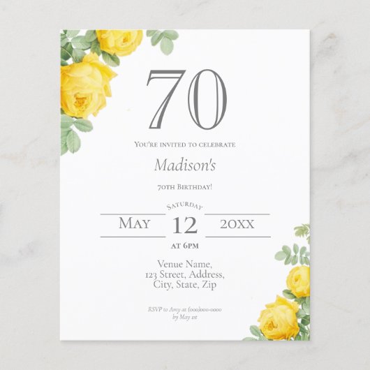 Gele Bloemen | 70e verjaardag Budget Invitation (Voorkant)