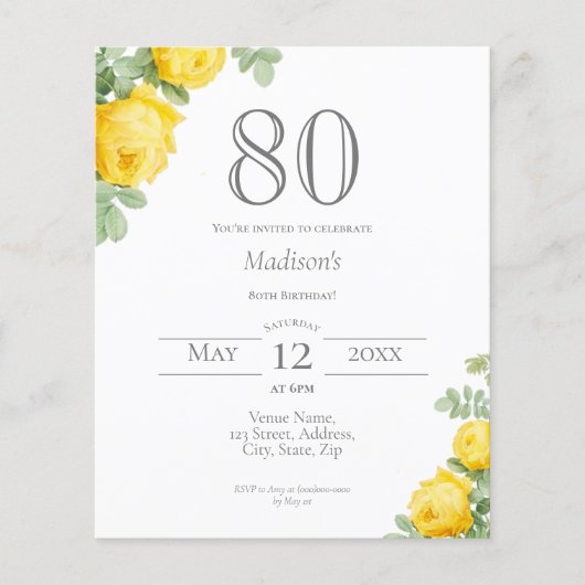 Gele Bloemen | 80e verjaardag Budget Invitation (Voorkant)