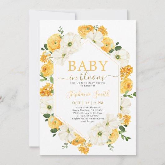 Gele Bloemen Baby in Bloom Baby shower Uitnodiging (Voorkant)