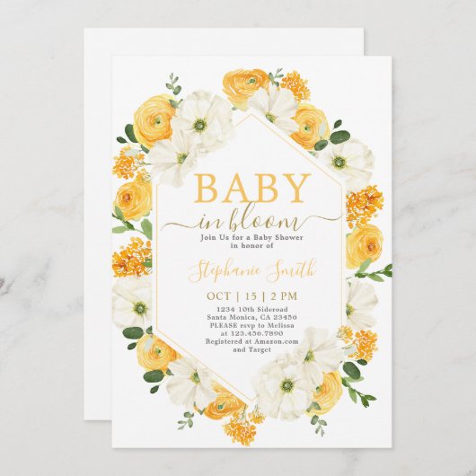 Gele Bloemen Baby in Bloom Baby shower Uitnodiging (Voorkant / Achterkant)