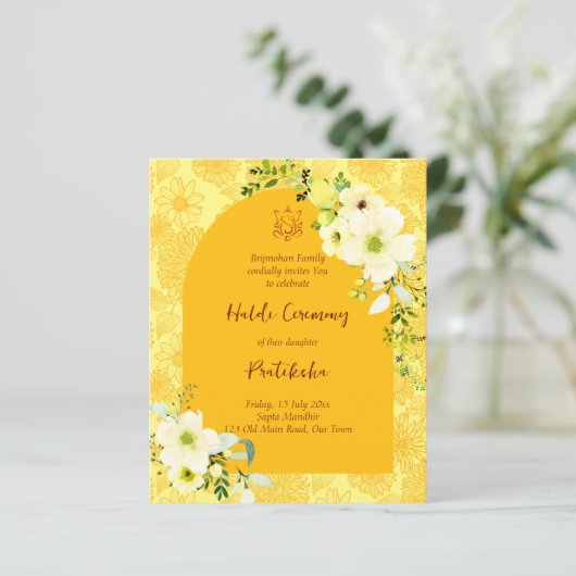 Gele bloemen, begroting Haldi Uitnodiging (Staand voorkant)
