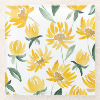 Gele bloemen blad zomer patroon glazen onderzetter