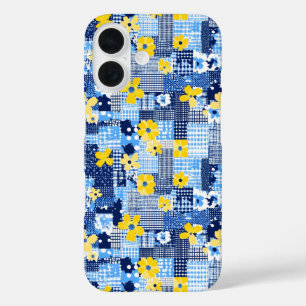 Gele bloemen Blauw patroon iPhone 16 Hoesje