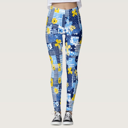 Gele bloemen Blauw patroon Leggings (Voorkant)