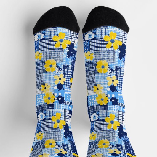 Gele bloemen Blauw patroon Sokken (Top)