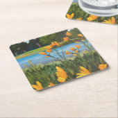 Gele bloemen Blauw Water Groen Bomen Landschap Kartonnen Onderzetters (Schuin)