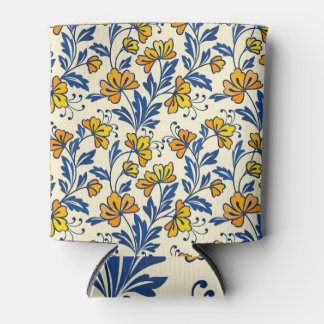 Gele bloemen, blauwe bladeren, naadloos ontwerp. blikjeskoeler