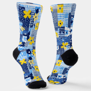 Gele Bloemen Blauwe Patroon Sokken