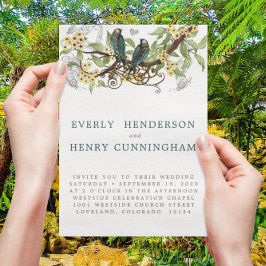 Gele bloemen Blauwgroen Lovebird Wedding Kaart