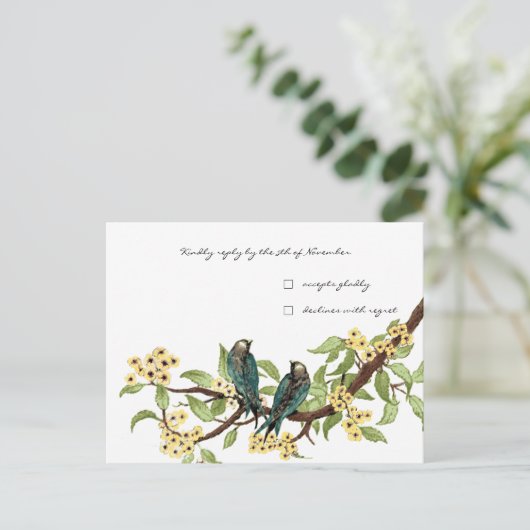 Gele bloemen Blauwgroen  vogelreactiekaart Uitnodiging Briefkaart (Staand voorkant)