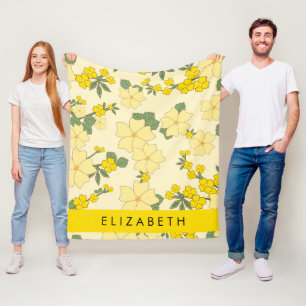 Gele bloemen, bloemenmotief, Jouw naam Fleece Deken