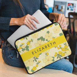 Gele bloemen, bloemenmotief, Jouw naam Laptop Sleeve