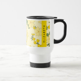 Gele bloemen, bloemenmotief, Jouw naam Reisbeker