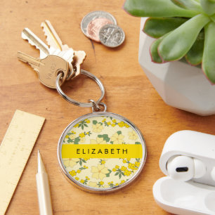 Gele bloemen, bloemenmotief, Jouw naam Sleutelhanger