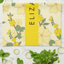 Gele bloemen, bloemenmotief, Jouw naam Theedoek