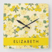 Gele bloemen, bloemenmotief, Jouw naam Vierkante Klok (Voorkant)