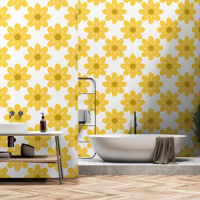Gele bloemen bloemenretro behang (Badkamer)
