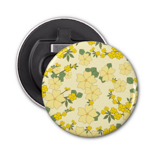 Gele bloemen, bloempatroon, patroon van bloemen button flesopener (Voorkant)